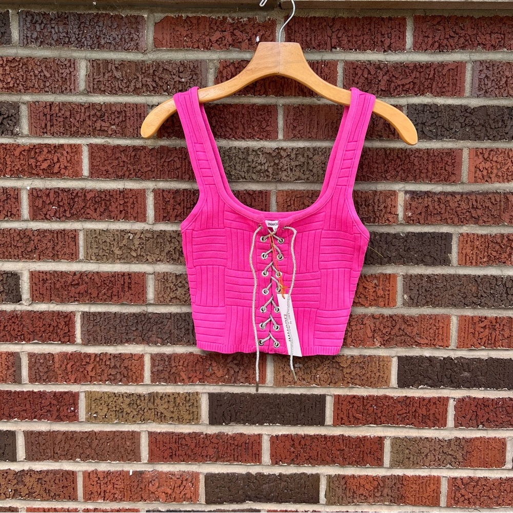 IMMODEL Hot Pink and Silver Rhinestone Lace Up Adjustable Textured Crop Top Tank